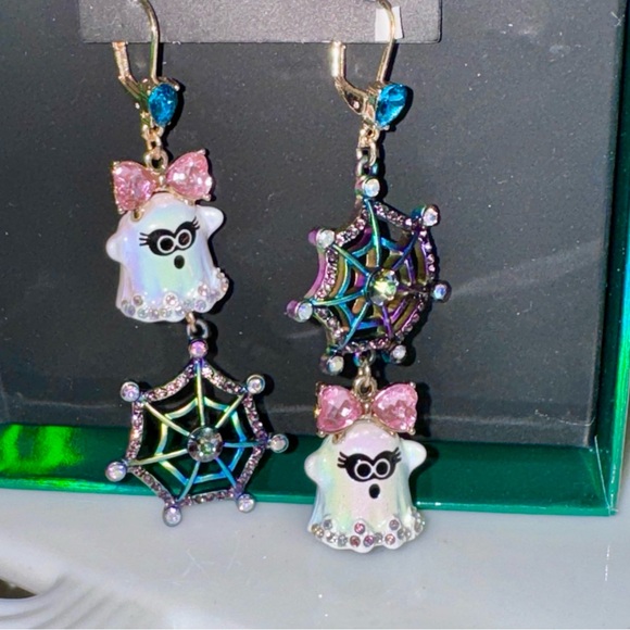 NIB Betsey Johnson Rhinestone Halloween Ghost Spiderweb Earrings - Picture 4 of 6